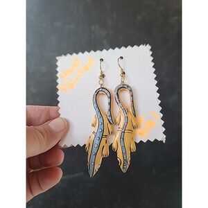 Painted Wooden Dangling Salamander Earrings Vintage Costume Jewelry NOS